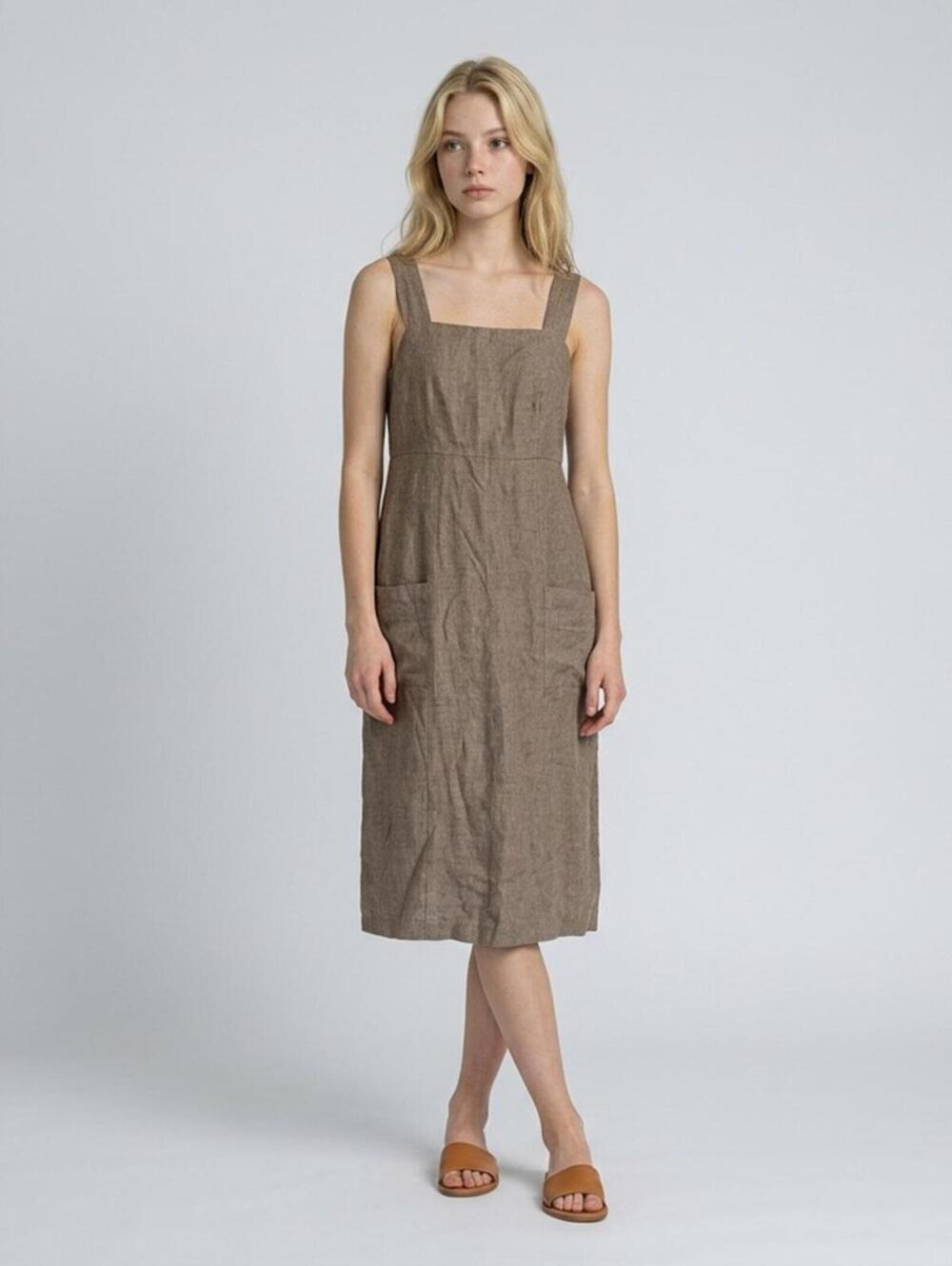 Margaret O'Leary Linen Dress American Vintage Size S Square Neck Pockets